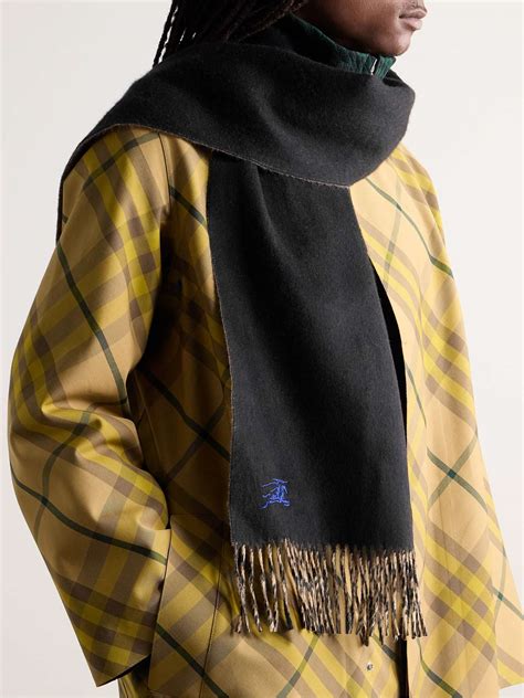 burberry logo embroidered fringed cashmere scarf